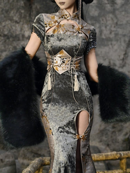 イエローのレースアップタッセルシノワズリコルセットベルト