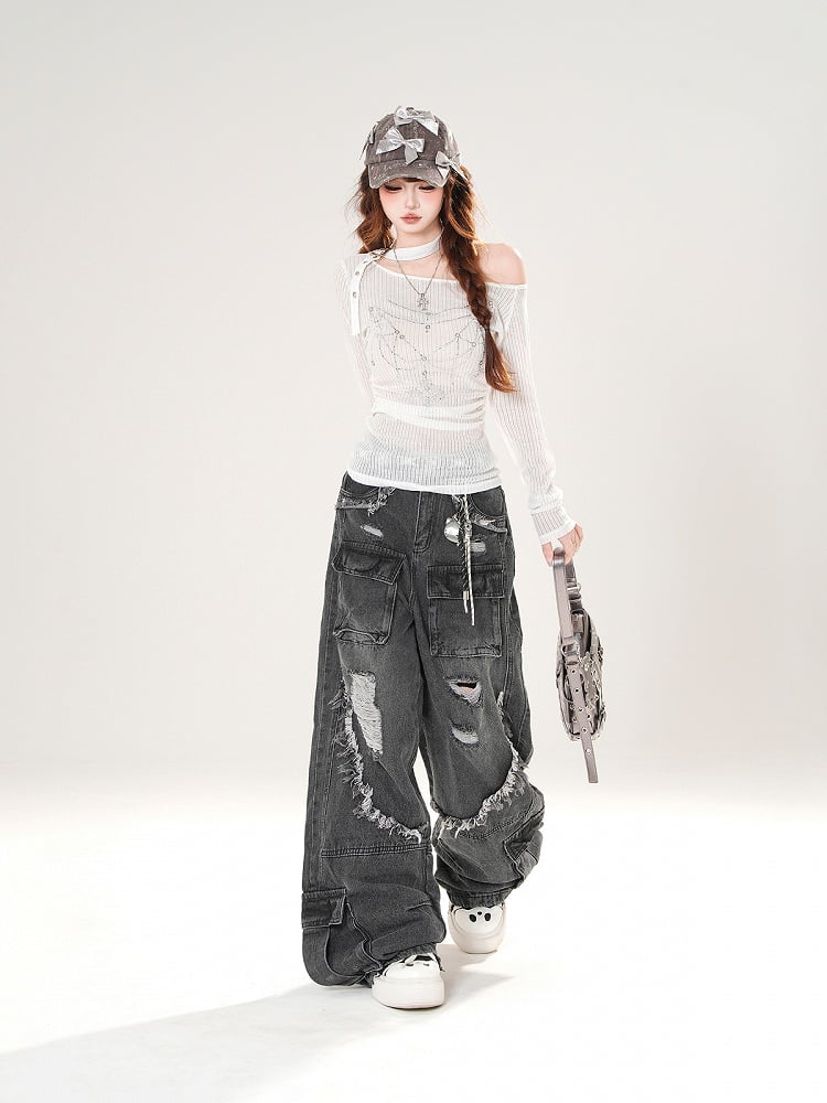 White/Black Asymmetrical Neckline Rhinestone Details Buckle