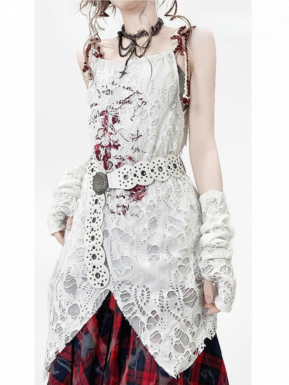 袖付きホワイトデザインカットアウトキャミソールプリントドレスの詳細Y2K