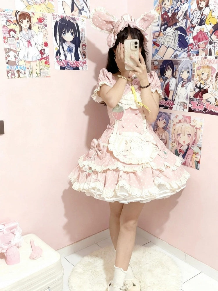 Polka Dress Bow with Details Sweet OP Strawberry and Dot Themed Pink Light Lace Lolita