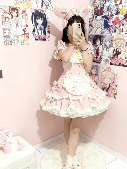 Dress Hairband Sweet Bow Lace Polka OP Themed Strawberry Full Bunny with Choker Details Bonnet + Set Dot Light and Pink Lolita Ear