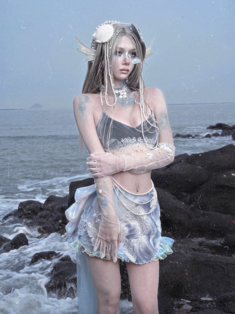 ダスティデタッチャブルキャミソール、アップリケ付き、ブルーレースチェーン、ベルベットビーズ