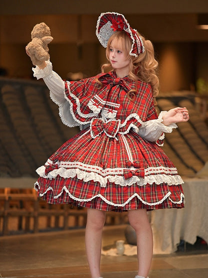 and Plaid Bunny Ears Red Cape Hooded with Petal-like Trim