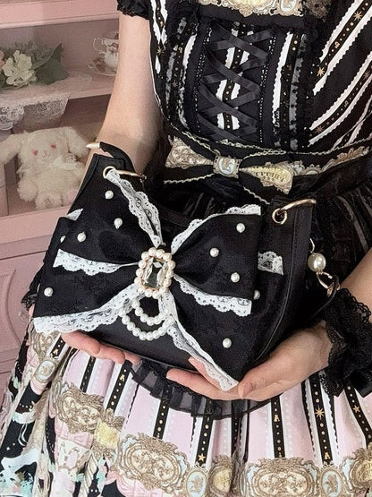Accent Lolita Decor Shoulder Black Bag in Satin Bow Sweet Rhinestone Beads