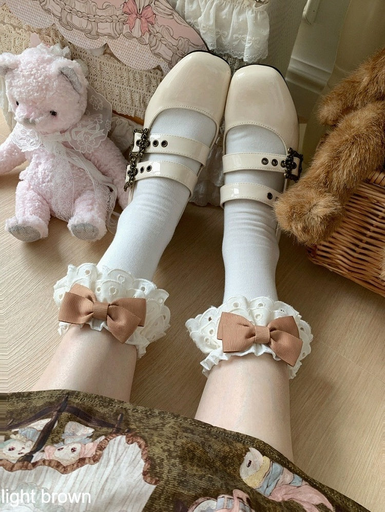 Beige Ankle Socks with Bowknot & Lace Trim, 10 Colors - ROJI ROJI