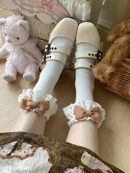 Beige Ankle Socks with Bowknot & Lace Trim, 10 Colors - ROJI ROJI