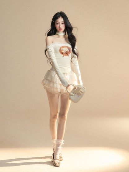 Lamm Print Taille Glamouröse Top Patches Apricot Off-the-Shoulder Spitzenausschnitt