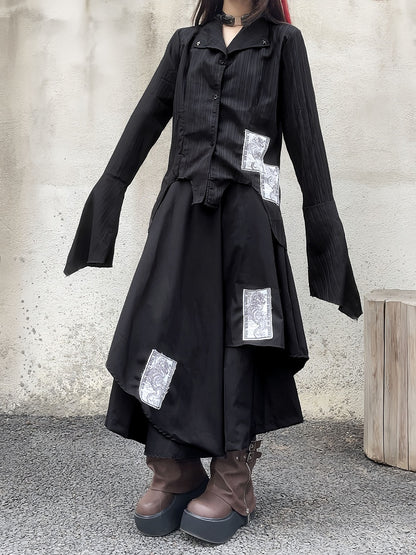 Schwarze asymmetrische Punk-Hose mit weitem Bein und Applikationen