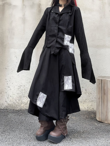 Black Notched Collar Bell Sleeves Punk Asymmetrical Shirt Appliques