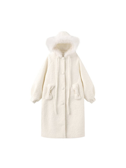 Bow-Accented Hood White Coat with Cat Pockets Mid-Length Ear