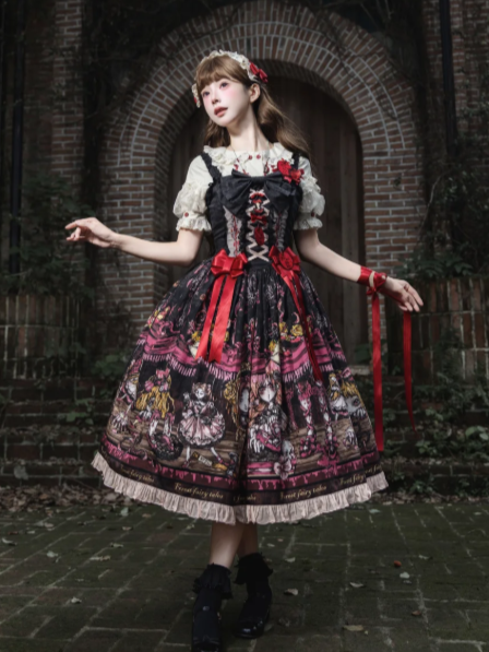 Pink Black Apple Embroidery Bow JSK Dress with Red Shoes Story - Forest Fairy Tales