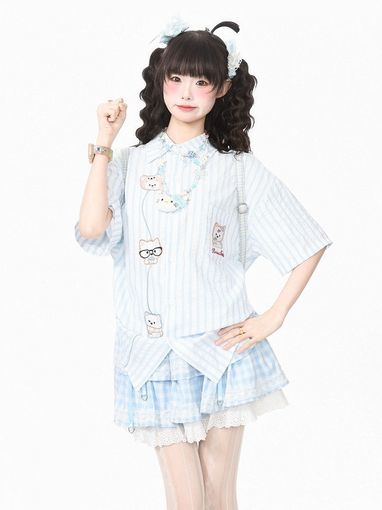 Cute Blue Striped Puppy-Embroidered Short-Sleeve Tee for Everyday Wear - Languid Park