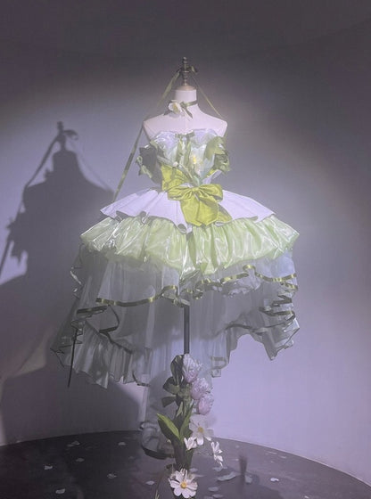 Green Balletcore Puffy Dress with Bow Accents - POSHEPOSE