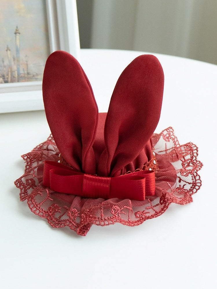 Bunny Ear Mini Hat in Wine Red and Black Lolita Style with Playful Design - With PUJI