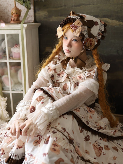 Yellow Lolita Brown Cookie and Ruffle Hamster Sweet Dress Print Hem