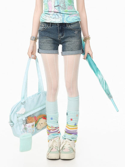 Blue Straight-Leg Denim Shorts with Star Rhinestone - Languid Park