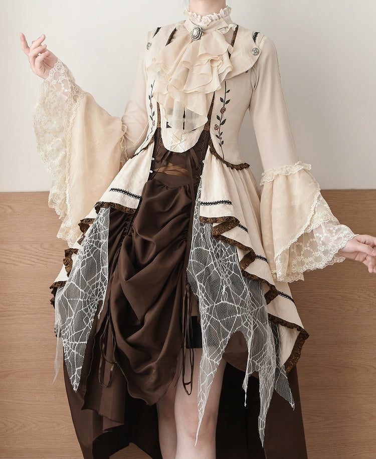 Beige Bluse mit Jabot-Krawatte, Rüschenausschnitt und langen Glockenärmeln