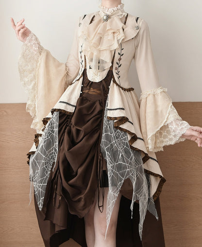 Beige Bluse mit Jabot-Krawatte, Rüschenausschnitt und langen Glockenärmeln