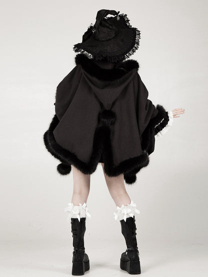Hooded Winter Cape Coat with Plush Trim in Black - With PUJI