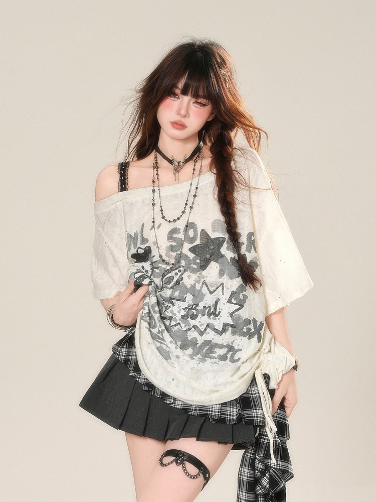 Lace Top Drawstring Graffiti Waist Apricot Print Asymmetrical Neckline