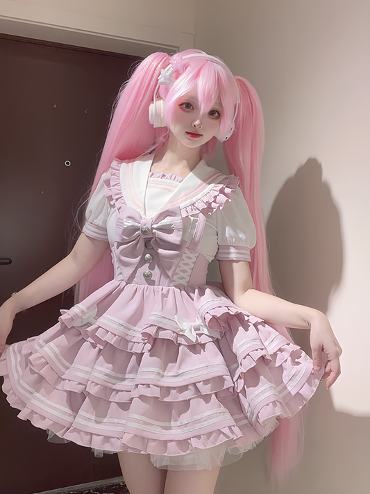Accents Tiered Skirt Sweet Pink Overalls Flutter Sleeves Bow Lolita Dress Light