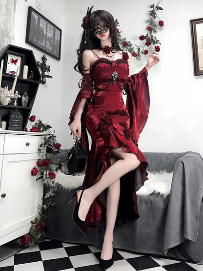 フリルスリーブのマーメイドドレス、ロゼット付きイブニングドレス（取り外し可能）、レッドバーガンディ