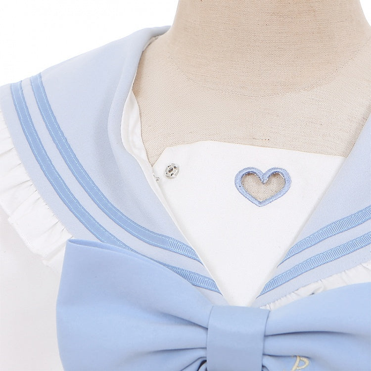 Cutout Bluse Blau Bowknot Weiß Matrosenkragen Herzförmiges Licht