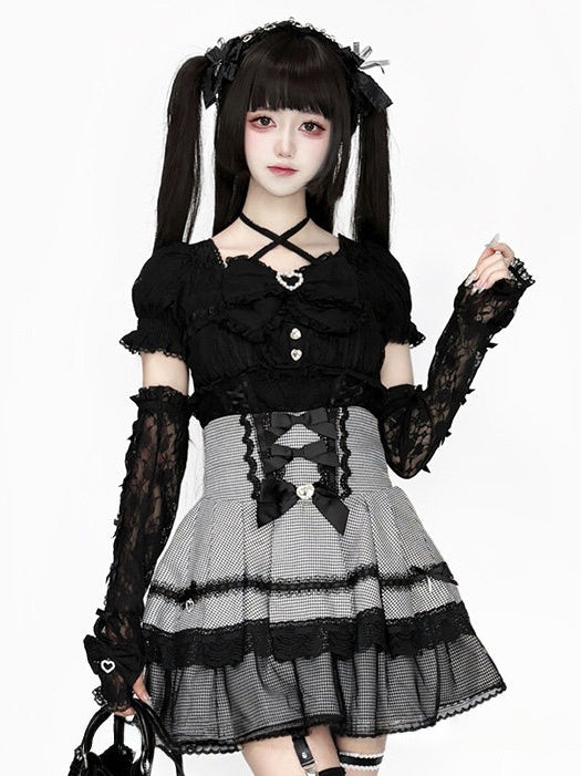 Double-Layer Black Kei Jirai Bow Houndstooth Decoration White Rhinestone Lace with Skirt Detail High-Waisted Tulle