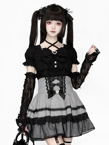Double-Layer Black Kei Jirai Bow Houndstooth Decoration White Rhinestone Lace with Skirt Detail High-Waisted Tulle