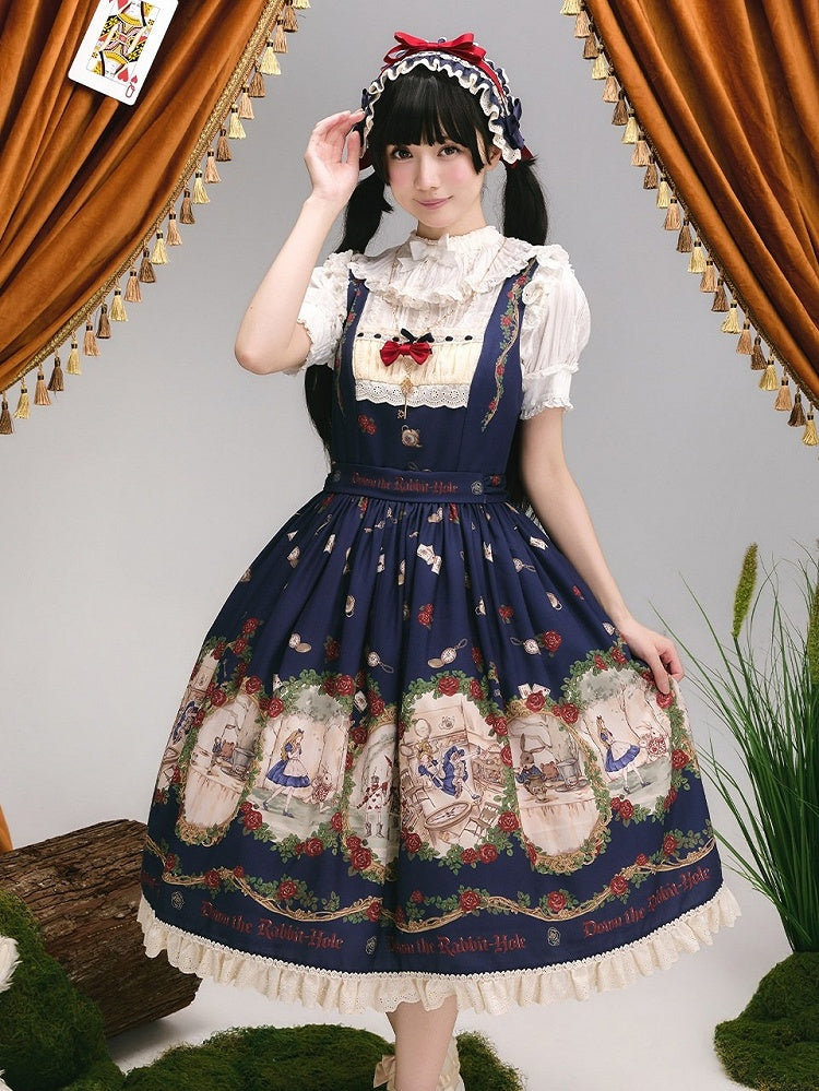 Wonderland Alice Floral Print Dark Blue Lolita JSK Lace - Stars Fall on the Foggy Island