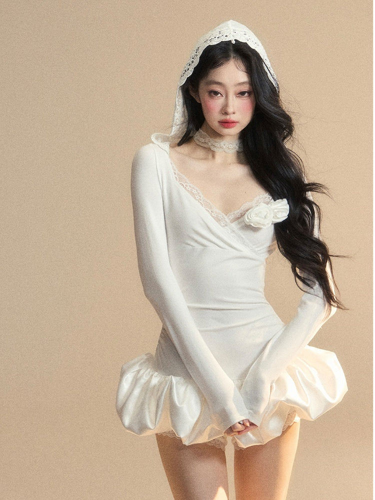 Floral Accents	Lace Skirt Mini Bubble Trim White V-Neck Dress Hooded Glamorous