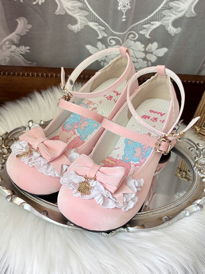 with Lolita - Heel at Trim Toe Cute Details Lace Pudding Janes Pink Top Bow Sweet Style Pumps Round Mary