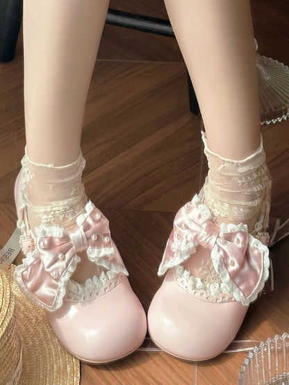 - Hem Lolita Pink Trim Lace Mid-heel Scalloped Shoes Sweet