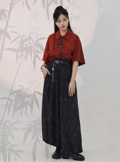 Chinese Red Short Sleeve Cotton Top Metal Frog Fastener