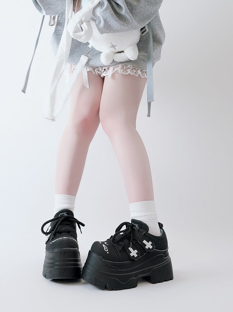 Yami Kawaii Matte Black Cross Velcro Strap Kitty Ears Platform Shoes