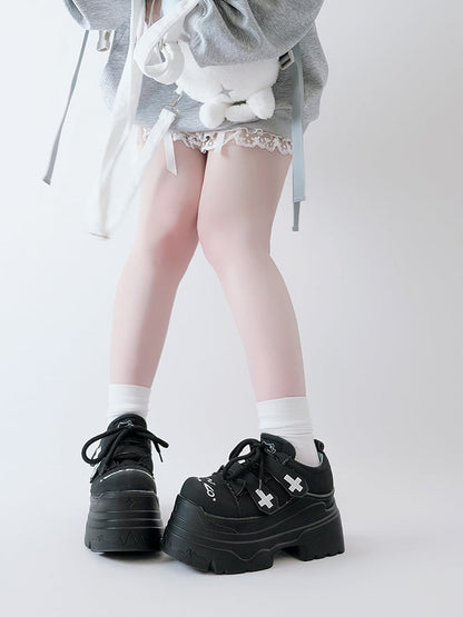 Yami Kawaii Matte Black Cross Velcro Strap Kitty Ears Platform Shoes