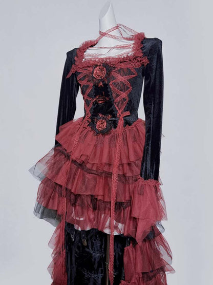 GothicBlack and Red Lace Square Neck Rosette Top