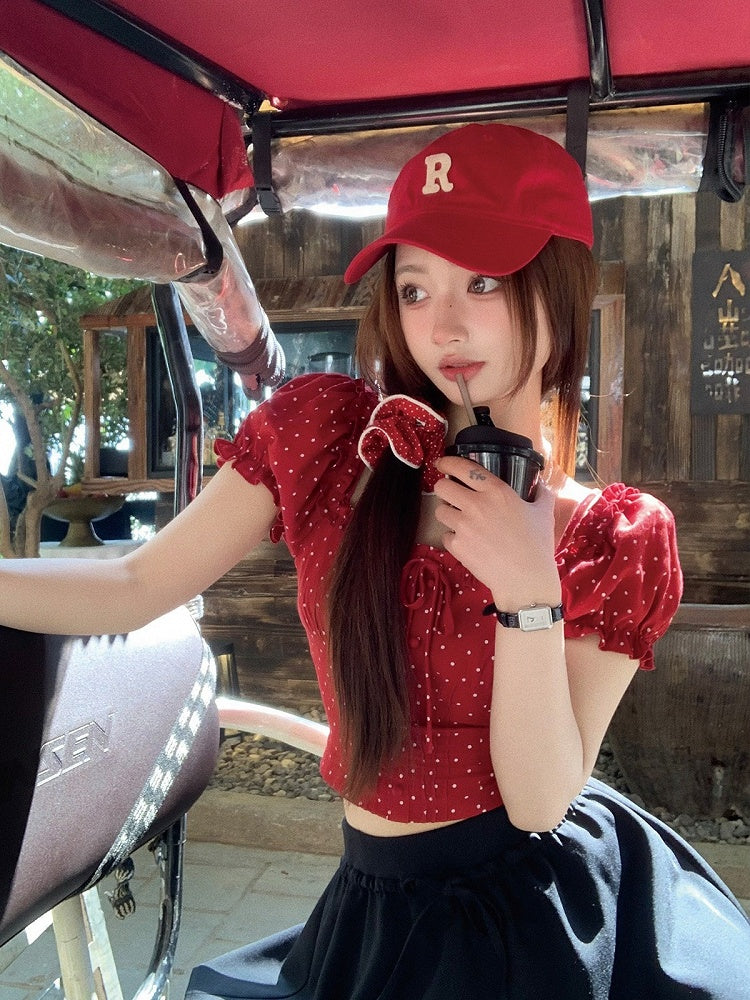 Red Square Neckline Short Sleeve Top with Polka Dot Pattern - Qchiwawameme