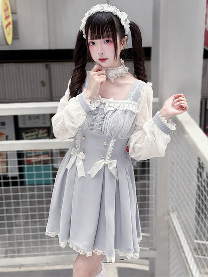 Kei Square Dress Dusty Lace Long-Sleeve Jirai Bow Neck Blue