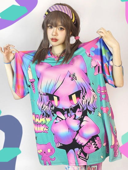 ギャルのカラフルな漫画のショートストライプファッションパターンプリントスリーブTシャツ