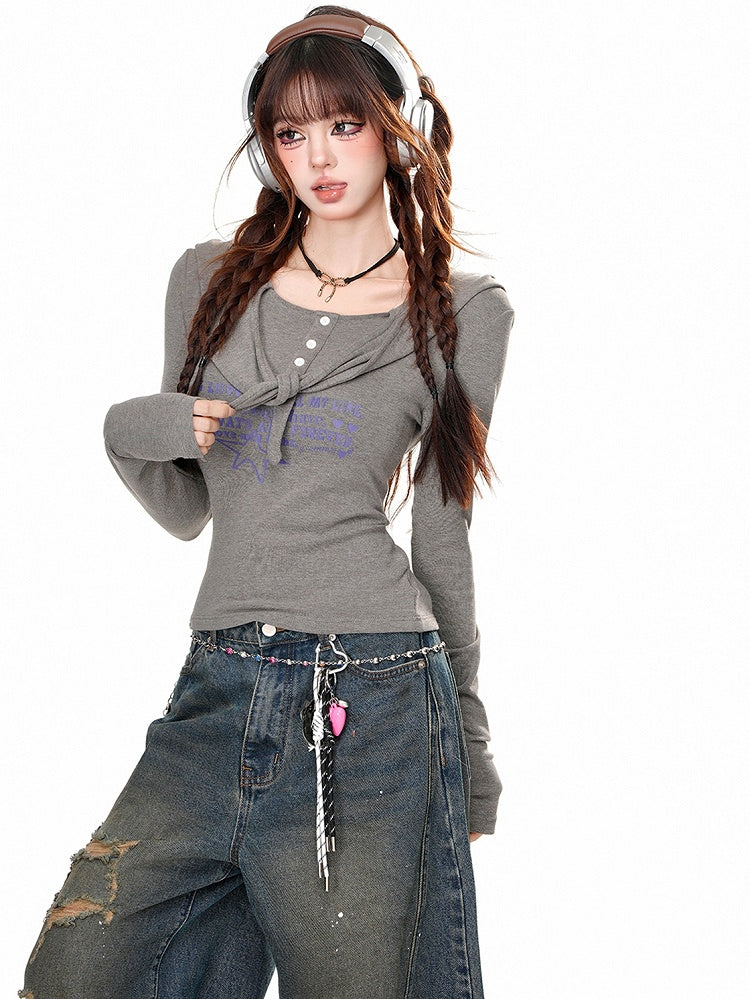 グレー/ブラウン レタープリント スリムフィット ロングスリーブ フード付きTシャツ