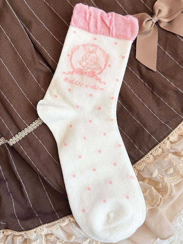 Polka-dot Mint Green/Pink/Black/Brown Print Stock Pattern Ruffled Bunny Calf Lolita