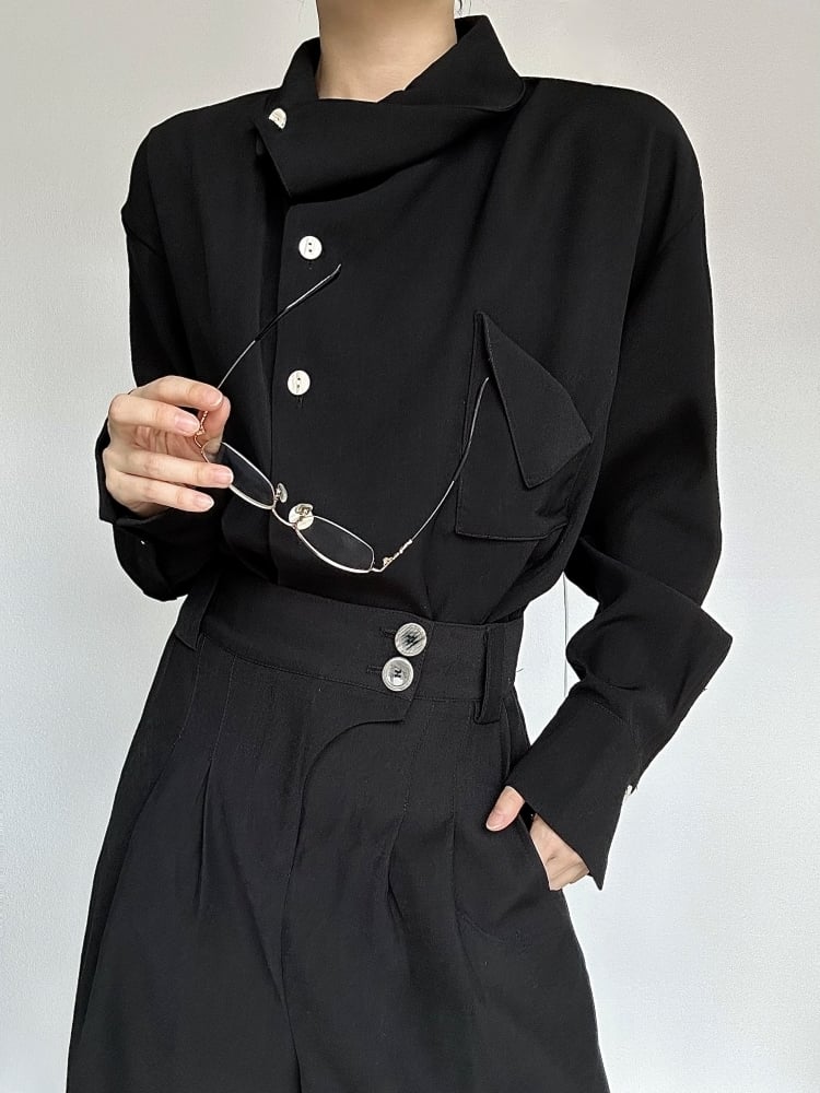 Black Fold-Over Buttoned Vintage Shirt Lolita Collar Placket Ouji with