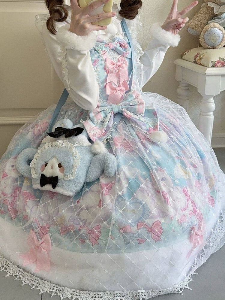 Print with and Accents Hem Bow Pink Fur Dress Sweet Trim Lolita Cat Blue