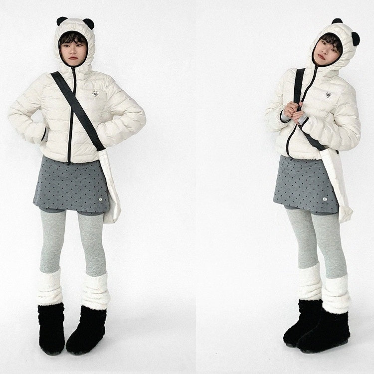 White Jacket Zipper Panda Ear with Decor Hood - Ribbed Daily Kawaii Down Front Hooded