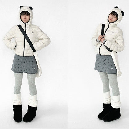 White Jacket Zipper Panda Ear with Decor Hood - Ribbed Daily Kawaii Down Front Hooded