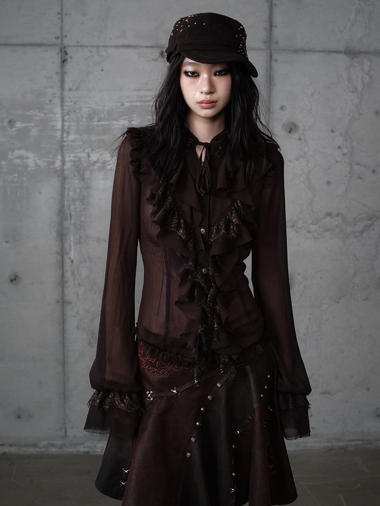 Princess Flounce Blouse Lace Button-Down Tie-Neck Front with Tiered Brown Vintage