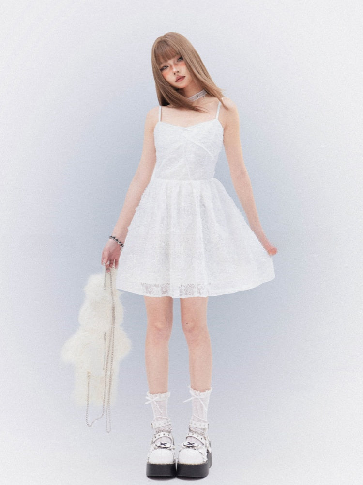 Cami Dress with Self-Tie Bow Elegant Lace White Thigh-length