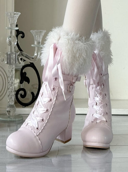 PU Bow Opening with Lolita System Sakura Ornate Boots Plush Pink Triple Boot in Mid-heel Fastening Elegant