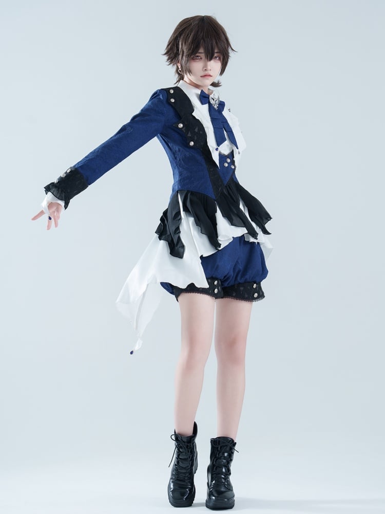 Dark Blue Spiderweb Ouji Lolita Coat with Cascading Ruffle Hem